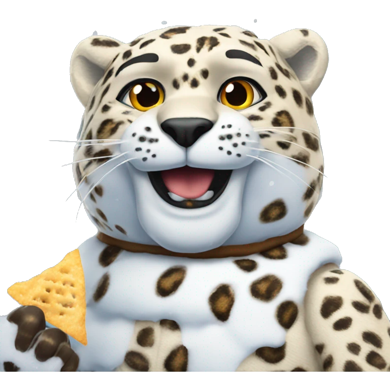 A leopard snowman, eating crisps  in the snow emoji