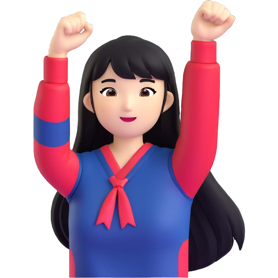 East Asian woman with long black straight hair and bangs wearing Doosan Bears team colors navy blue and red, cheering emoji