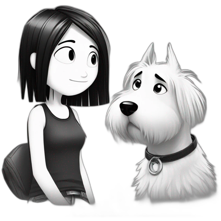 a dog and a girl with black spiky hair looking at each other in style of ((sarah andersen)), black and white,sarah andersen,cartoon,drawn,sketch emoji