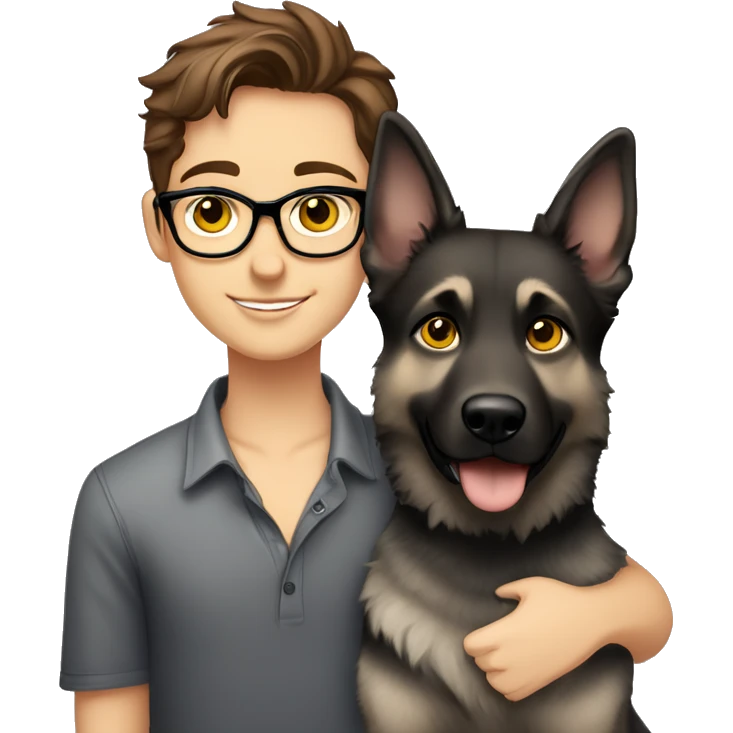 a pretty girl, sweet with brown hair and brown eyes with a handsome boy with brown hair, black thin stylish glasses and (grey eyes) hugging the grey german shepherd (yellow eyes) emoji