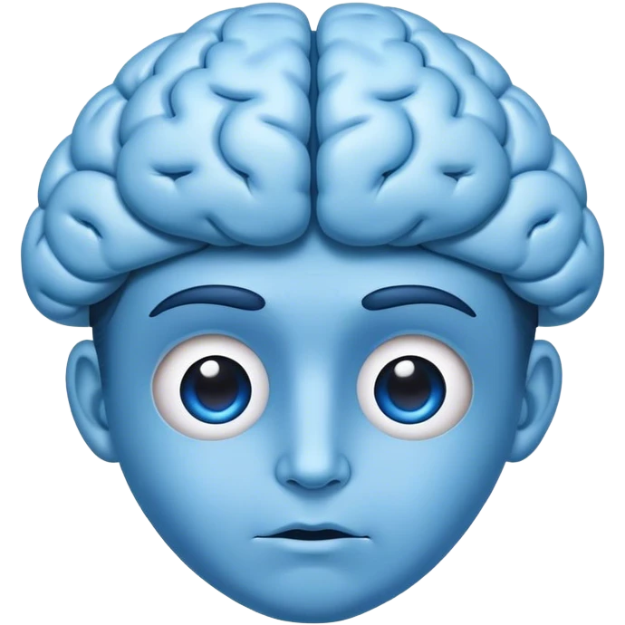 All blue adult person face emoji with a brain for hair and calm expression emoji