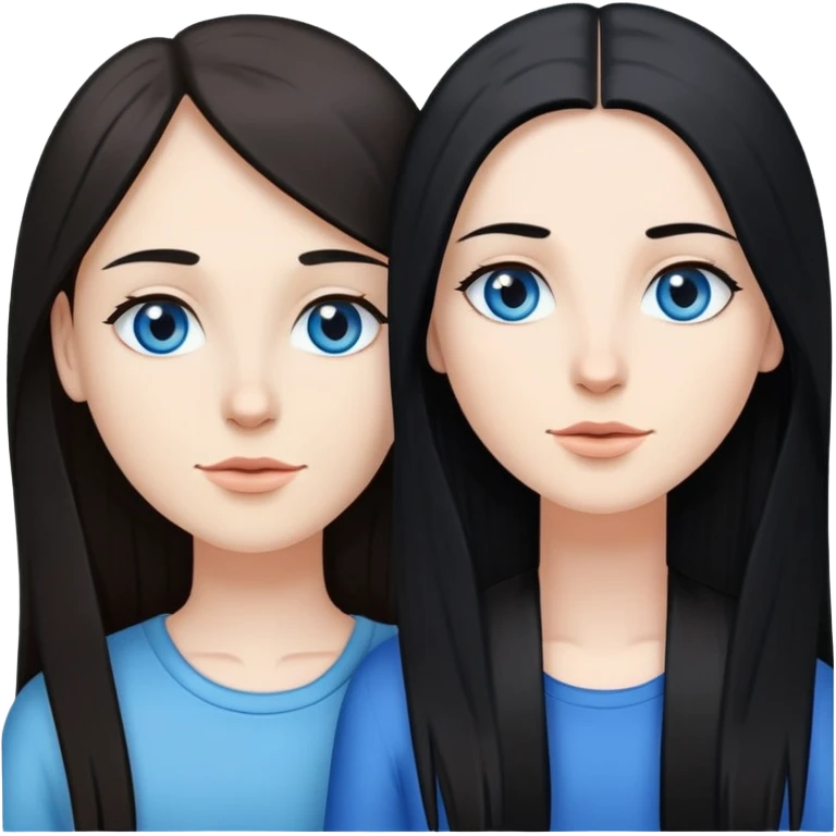 Lesbian couple with white skin. One with long straight black hair. One with long straight brown hair. Both with blue eyes  emoji
