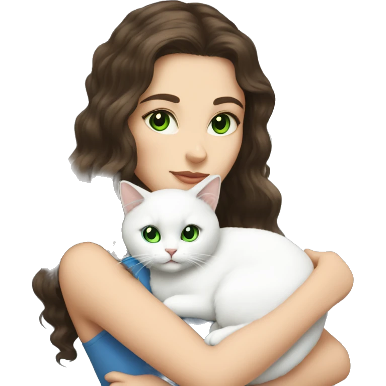 brunette with green eyes holds a white fluffy cat with blue eyes emoji