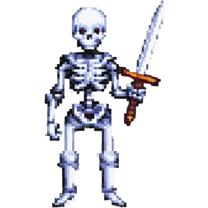 pixel art skeleton holding a sword, retro video game style emoji