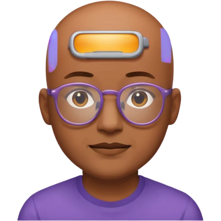 expressive Twitch emote of a cartoon-style character in an emoji-like art style. Bright colors, outlined, transparent background. Use the following face: male person in their early 30s, brown skin, bald, with glasses and a gentle face. emoji