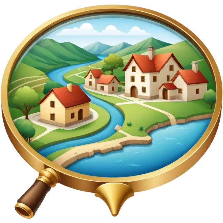 An icon featuring a magnifying glass over a local map, with a small village, traditional house, and natural landmarks like a river and hill, symbolizing local history and geography. Transparent background highlights the study of native land, culture, and heritage. emoji