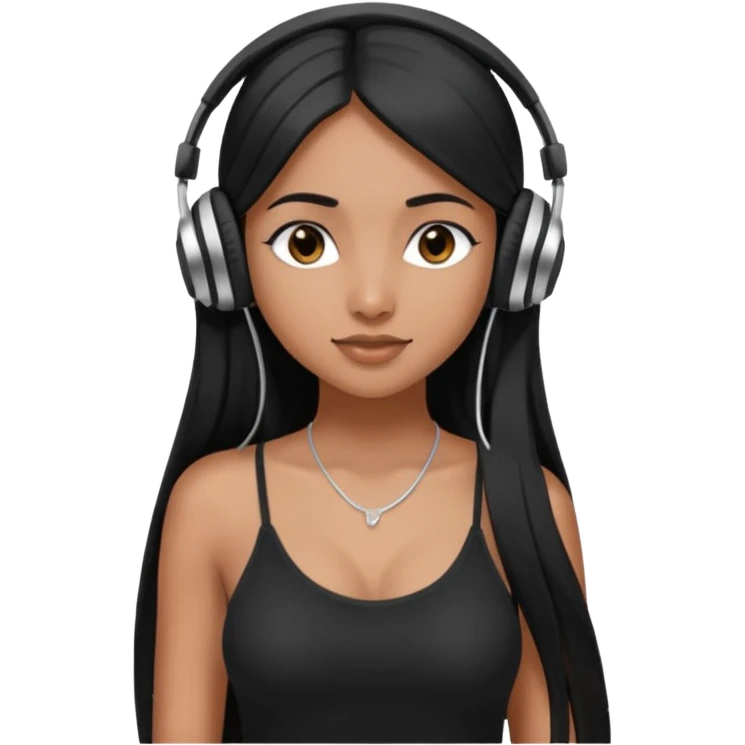 a fair INDIAN girl with straight black long hair, wearing a black cami top. and wearing silver  headphones on emoji