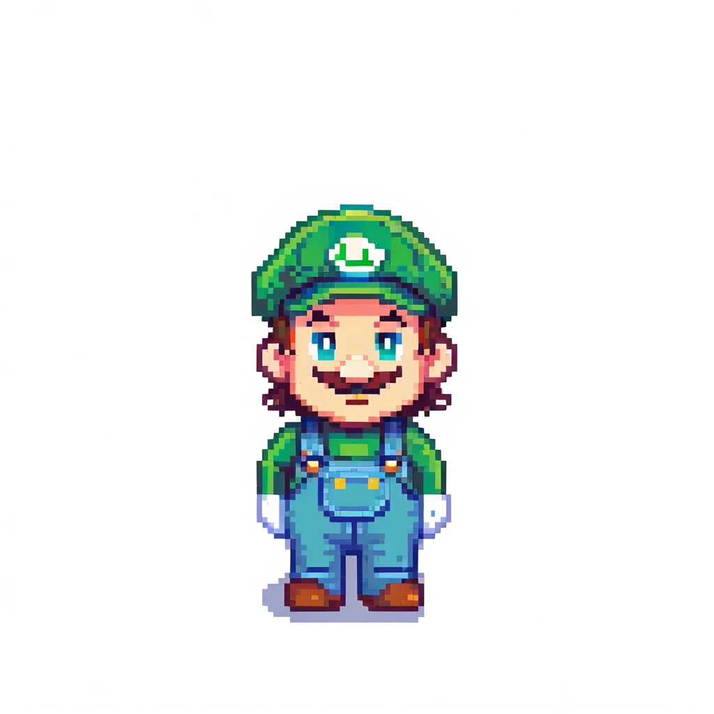 Luigi character in classic green hat and overalls, pixel art style emoji