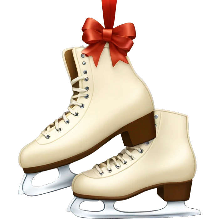 Cream color pair of ice skates hanging from a long brown bow emoji
