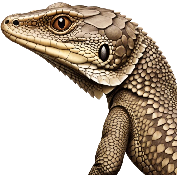 Cinematic Noble brown camo spotted monitor Lizard Portrait Emoji, Poised and regal, with a robust, scaled body exhibiting striking, mottled patterns and piercing, alert eyes, Simplified yet sharp and sophisticated features, highly detailed, glowing with a soft, earthy glow, high shine, intelligent and formidable, stylized with an air of ancient wilderness, focused and commanding, soft glowing outline, capturing the essence of a watchful and confident reptilian guardian that appears ready to stride out of the screen with effortless authority! emoji