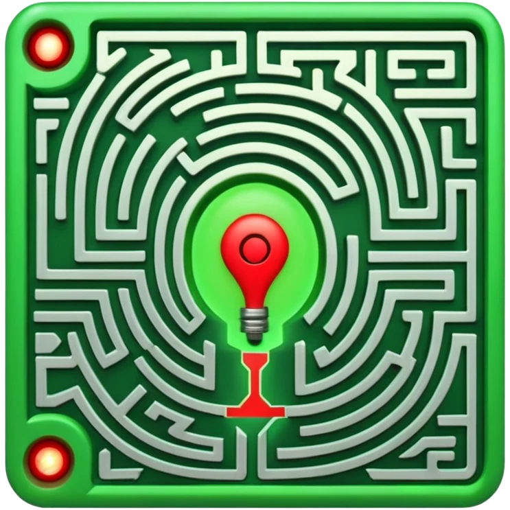 Create a realistic emoji of a maze with different patterns in red which show the wrong way and one way which shows the right way across the maze in green. The maze looks like its programmed with some electric, electronic features emoji