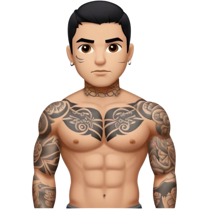 Fully Tattooed, Hispanic man, with black hair and brown eyes, small waist and large chest and shoulders emoji