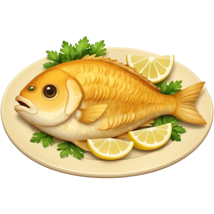 apple style ios emoji cute minimal plate of golden fried fish pescaito frito with lemon wedges and parsley warm tones soft shading emoji