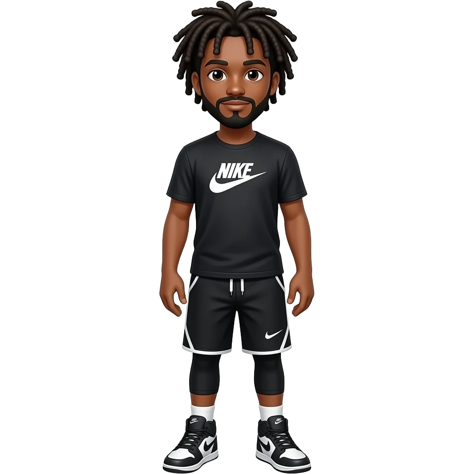 A tall black teenager boy with dreads and mustache whole body with black and white Nike clothes and Nike shoes emoji