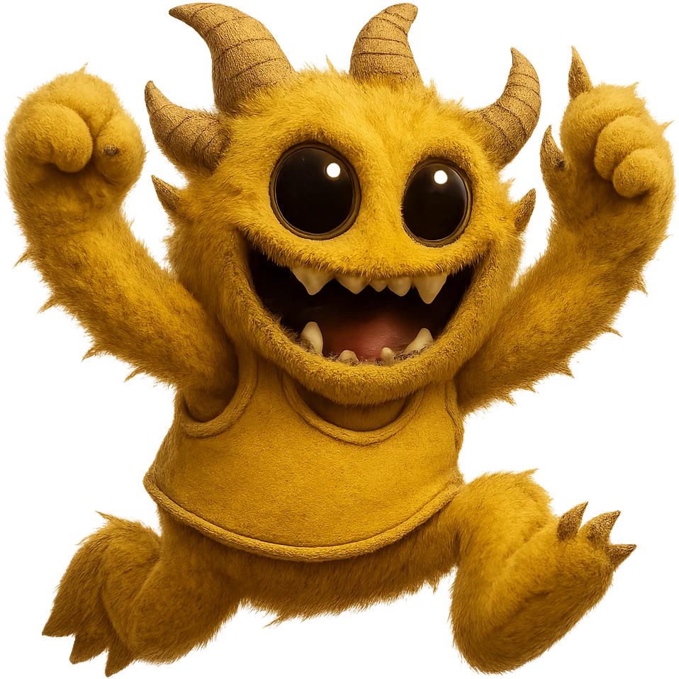 Make this yellow athletic mascot look more grown up and cooler, less like a person and more like a monster, keep the soft fuzzy texture and big eyes, jumping with excitement, with no background. Maintain the yellow color and soft fuzzy texture with big eyes, emphasizing a monster-like excited character jumping with excitement. emoji