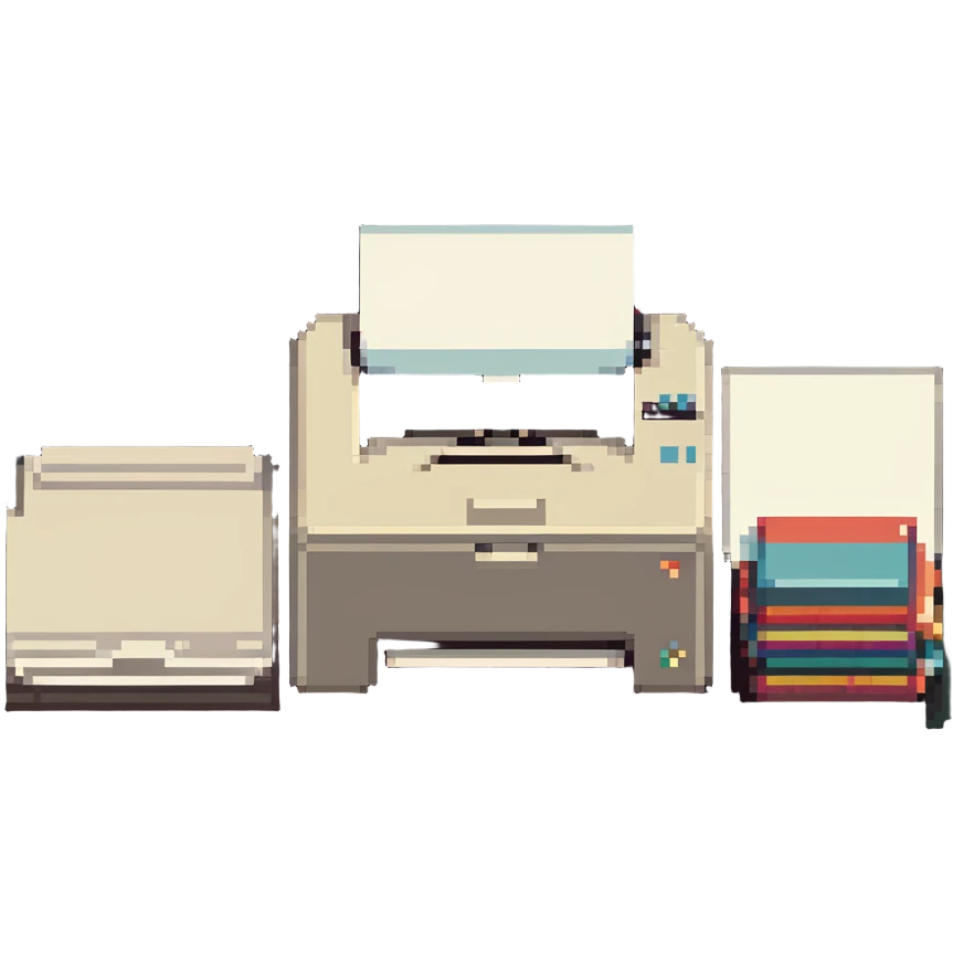 printer with a stack of paper beside it, retro look emoji