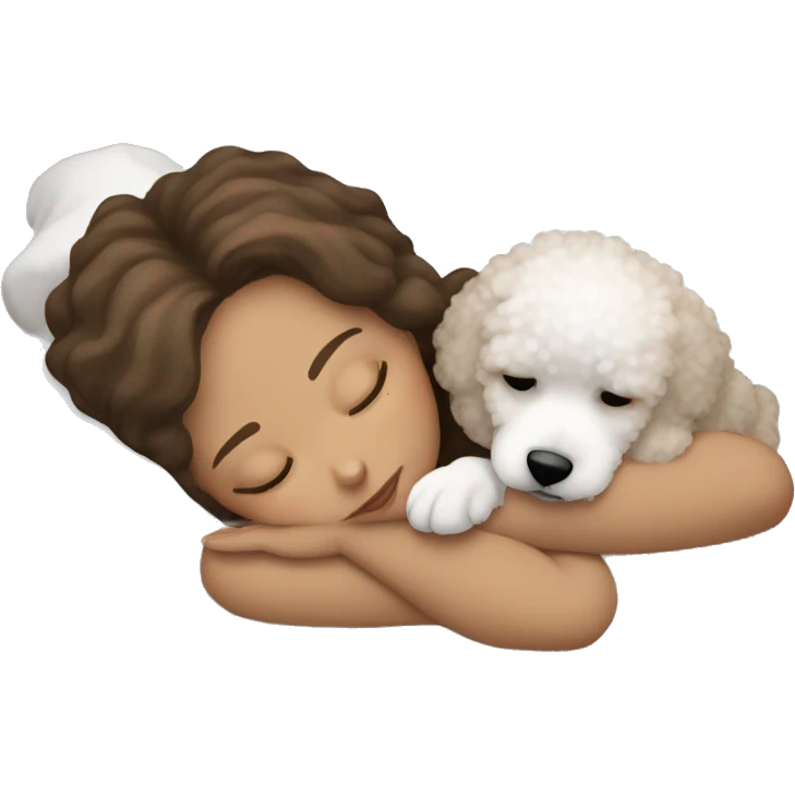 White girl brown hair sleeping with Mini Bichon emoji