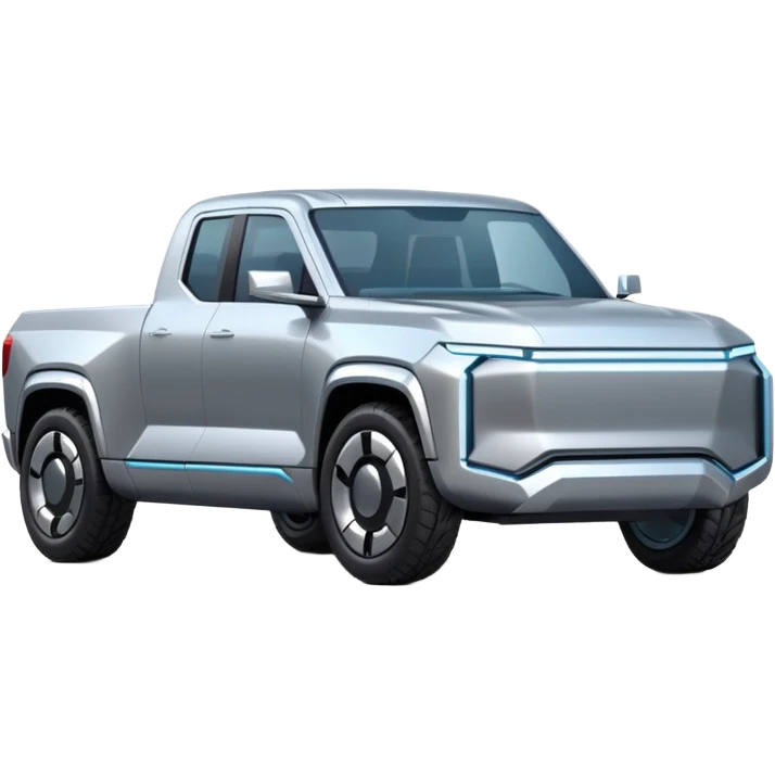 A futuristic electric pickup truck emoji, silver chrome body, angular cyber design, smooth metallic panels, subtle reflections, minimalistic proportions, iOS emoji style, centered composition, clean white background, soft lighting emoji