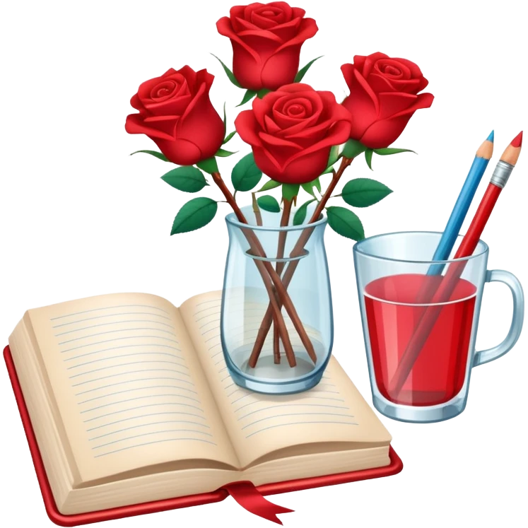 crear pizarra con libros a un lado, cuadernos, lapices, creyones, un vaso de cristal con rosas rojas, estilo vector emoji