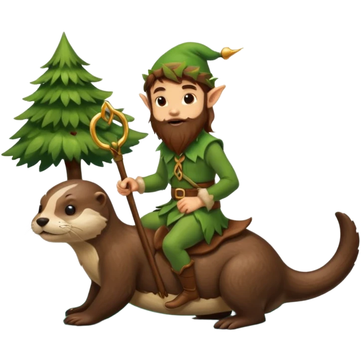 tiny forest elf man long brown hair beard riding an otter emoji