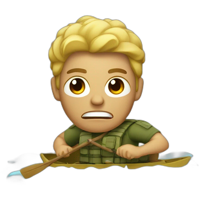 Angry tan guy with military hair cut riding on a raft emoji