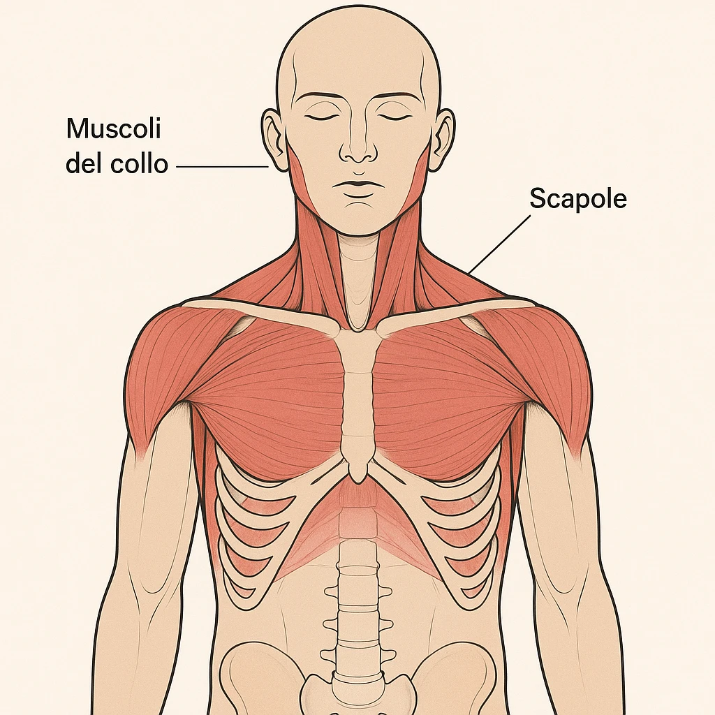 vista frontale con didascalie di diaframma bloccato, muscoli del collo e scapole evidenziati, spiegazione in italiano emoji