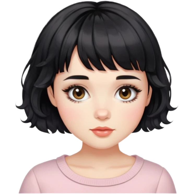 Gorgeous french woman short french haircut tousled wavy hair short straight across baby bangs black hair Amelie Beautiful Blushing Petite Girl with beautiful hair aesthetic emoji