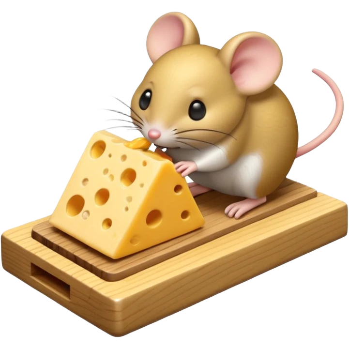 A 3D emoji in iOS emoji aesthetic style of a small mousetrap on a wooden base with a tiny gray mouse approaching a small piece of yellow cheese on it, minimal white background, bright lighting, clean and glossy Apple-style design emoji