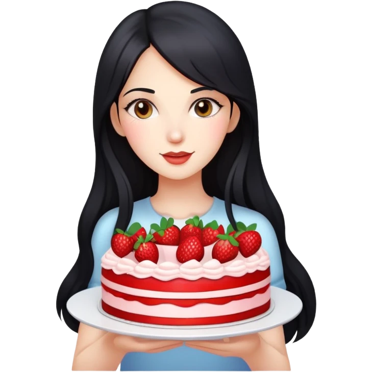 Beautiful girl with long black hair holding a strawberry cake emoji