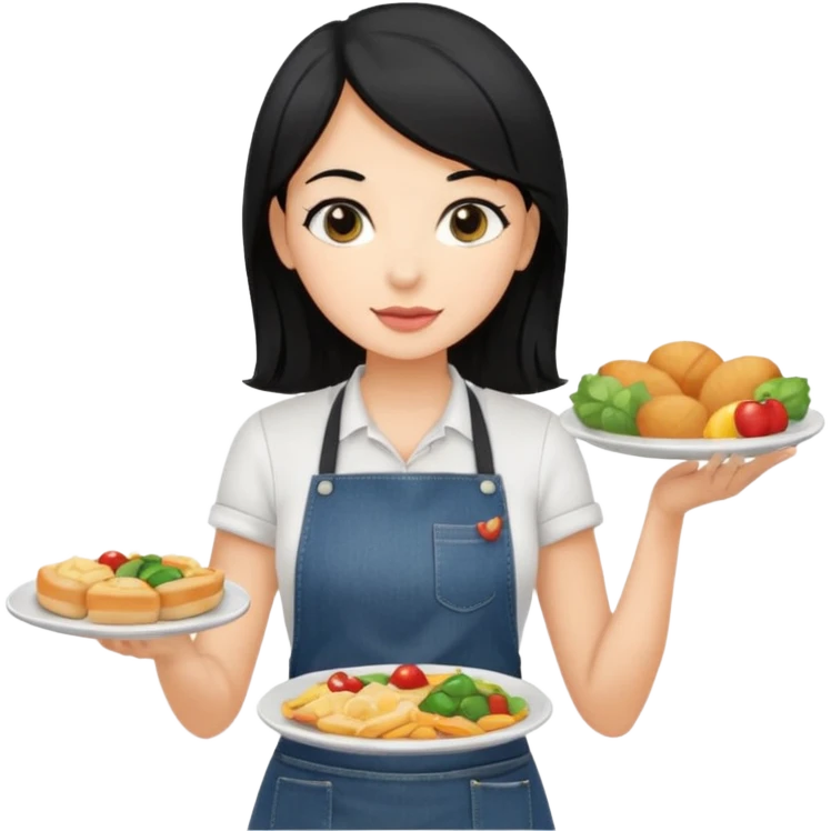 waitress with black hair and a food plate with a black tshirt and ª jeans apron emoji