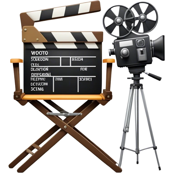 Icon for Directing: a director's chair, a film clapperboard, large movie camera and a stage with a spotlight. The icon should represent the creative and organizational aspects of directing, with focus on storytelling, staging, and performance. Transparent background. emoji