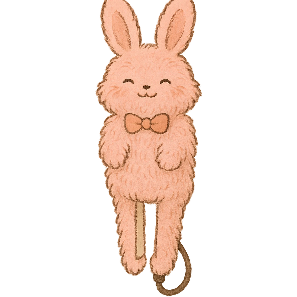 soft pink fluffy bunny hair straightener, fluffy, with a tiny bow and gentle happy face, full-body emoji