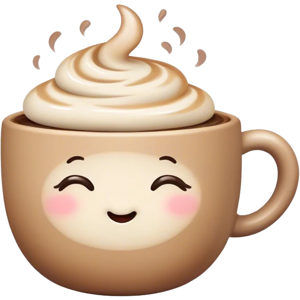 Cute Kawaii Coffee Cup, cozy and warm, a tiny swirl of steam shaped like a heart, round chubby face with a sleepy but content expression, soft pastel brown and cream colors, perfect morning vibes! emoji