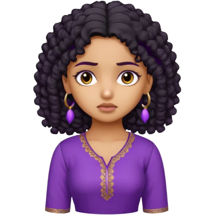a tan pretty bratz indian girl with curly black hair, looking sad. purple kurti emoji