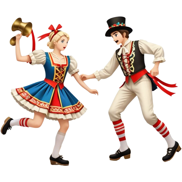 Cinematic Realistic scene of two performers executing a Morris Dance in full traditional costume—with bells, ribbons, and clogs—captured in dynamic motion against a rustic English backdrop and warm, golden lighting emoji