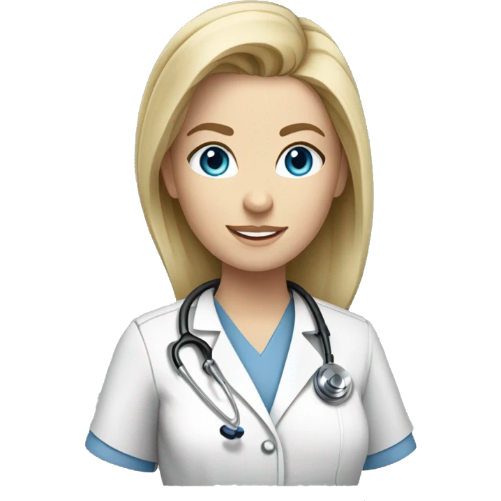 female doctor with blonde hair blue eyes pale skin blue stethoscope and grey scrub top emoji