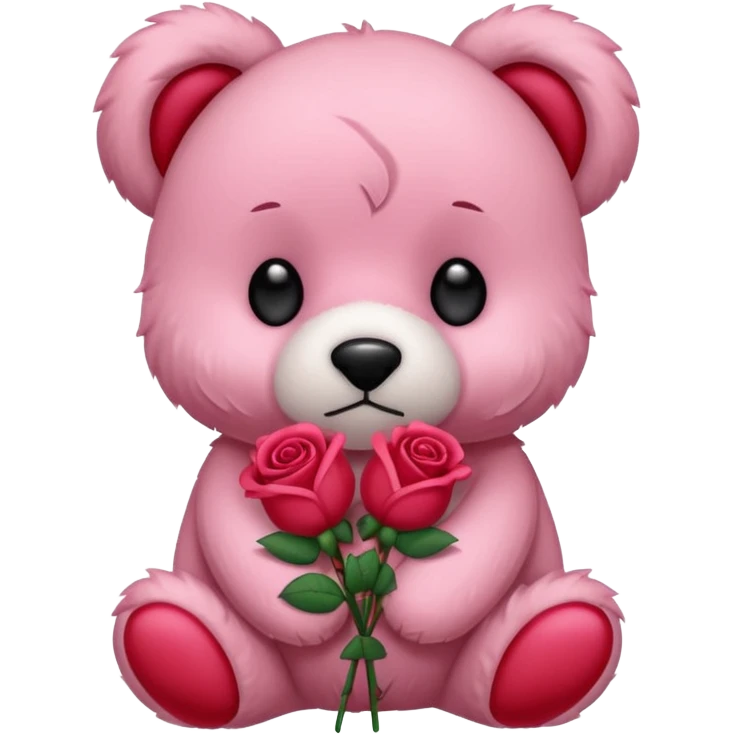 Cute pink teddy bear with sad puppy dog eyes holding roses  emoji