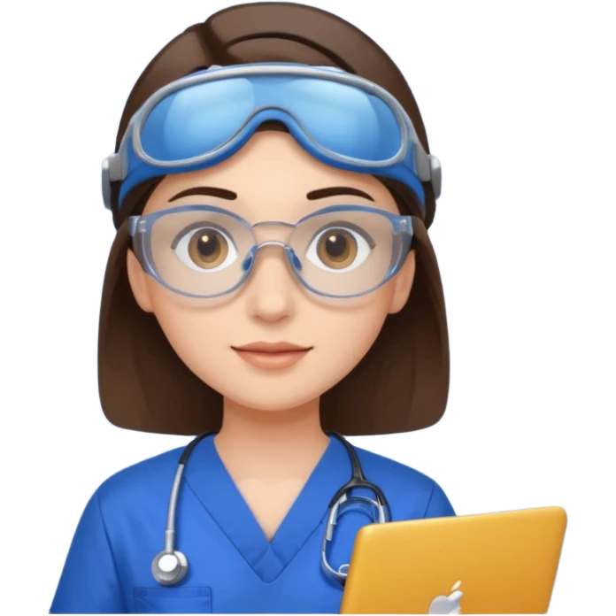 i need a brunette young woman in blue scrubs with brown eyes fair skin with safety goggles on and a laptop for research emoji
