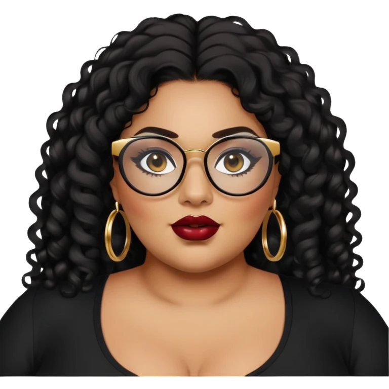 big plus size, latina, darker tan skin, gold hoops, long black curly hair, baddie,pretty, makeup, dark red lipgloss, black eyeliner, long hair, black top, black glasses emoji