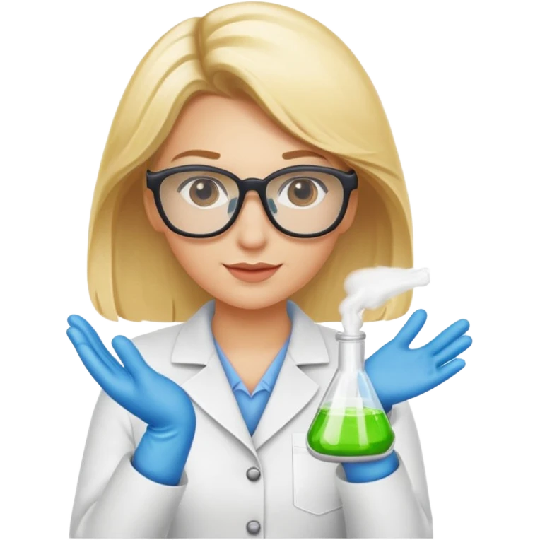 Eine hellblonde Chemikerin mit Kittel, Handschuhen, großer Labor-Sicherheitsbrille und typischem Erlmeyerkolben in der Hand, weißer Hintergrund emoji