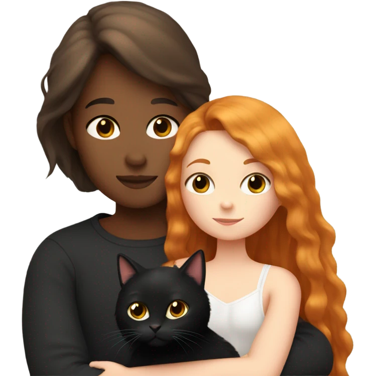 Girl with long straight ginger hair cuddling with a very fluffy black cat emoji