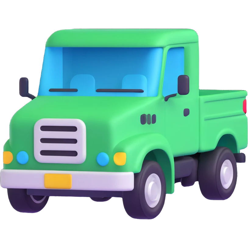 side view of a truck, green and blue colors, 3d emoji style emoji