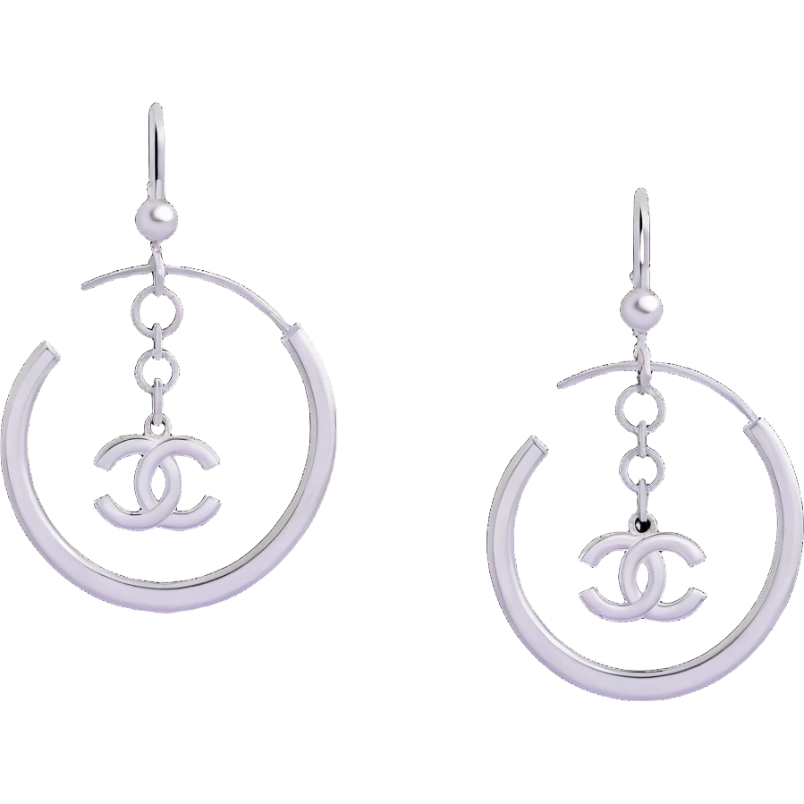 3D emoji-style hoop earrings with dangling silver Chanel logos, glossy and luxurious emoji