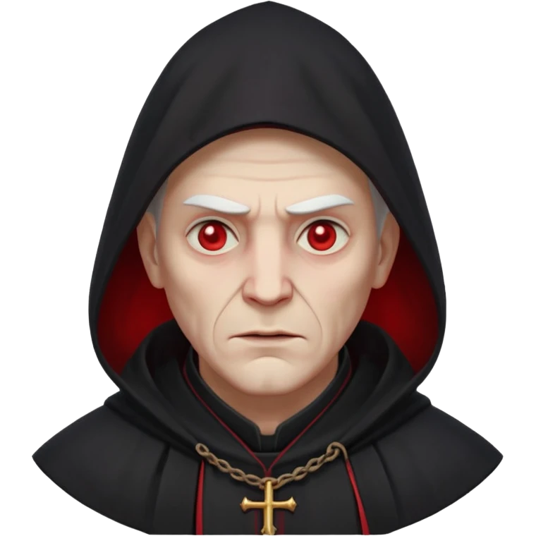 cursed village priest portrait, head and shoulders only, dark hooded robe, mysterious expression, subtle red accents, eerie glow, gothic village atmosphere, 3D cartoon, mobile game icon style, clean background, no text, no watermark

 emoji