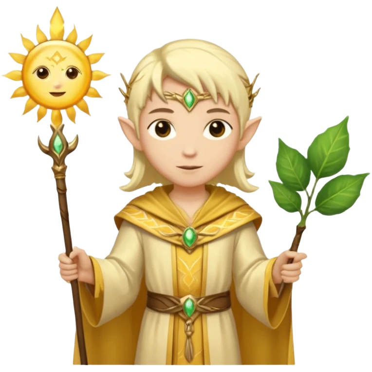 {
      "type": "human",
      "look": "light elf healer, golden robe, staff with leaf and sun motif",
      "description": "a light elf healer wearing a golden robe and holding a staff with leaf and sun symbols"
    } emoji