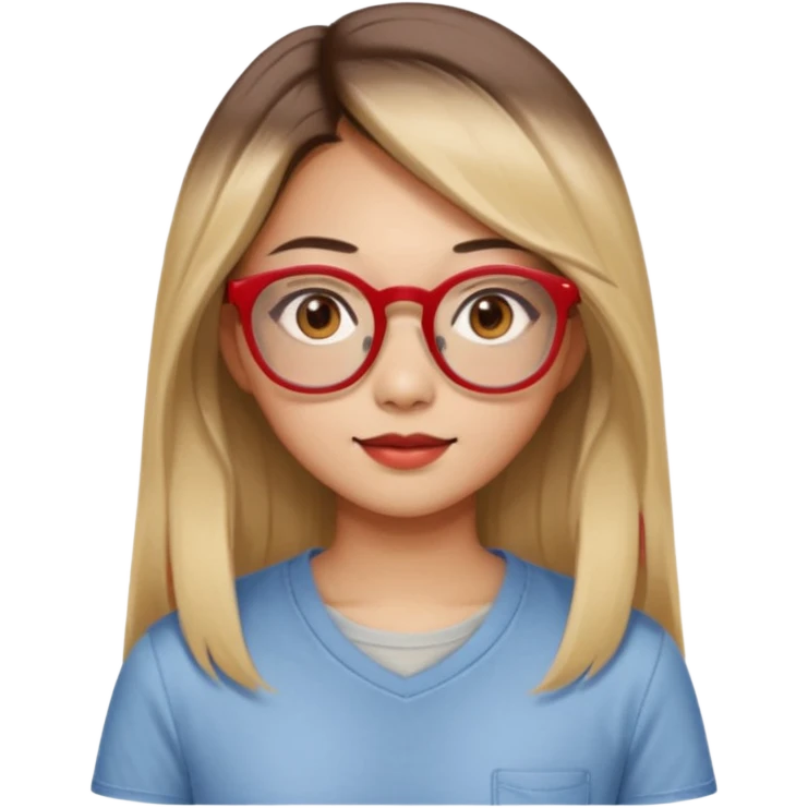 20 yr old asian woman, straight thick long brown hair, blond at ends of hair, center part to hair, big red glasses, brown eyes, casual shirt emoji
