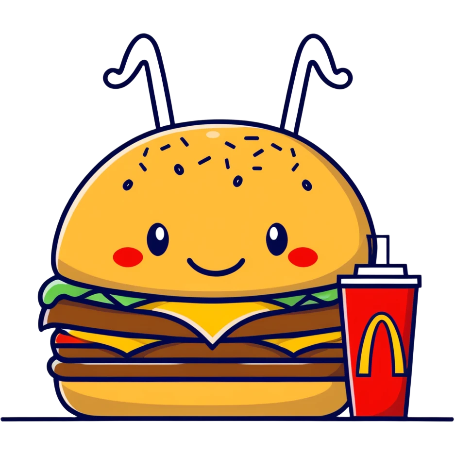 Stitch sitting and eating a huge McDonalds hamburger emoji