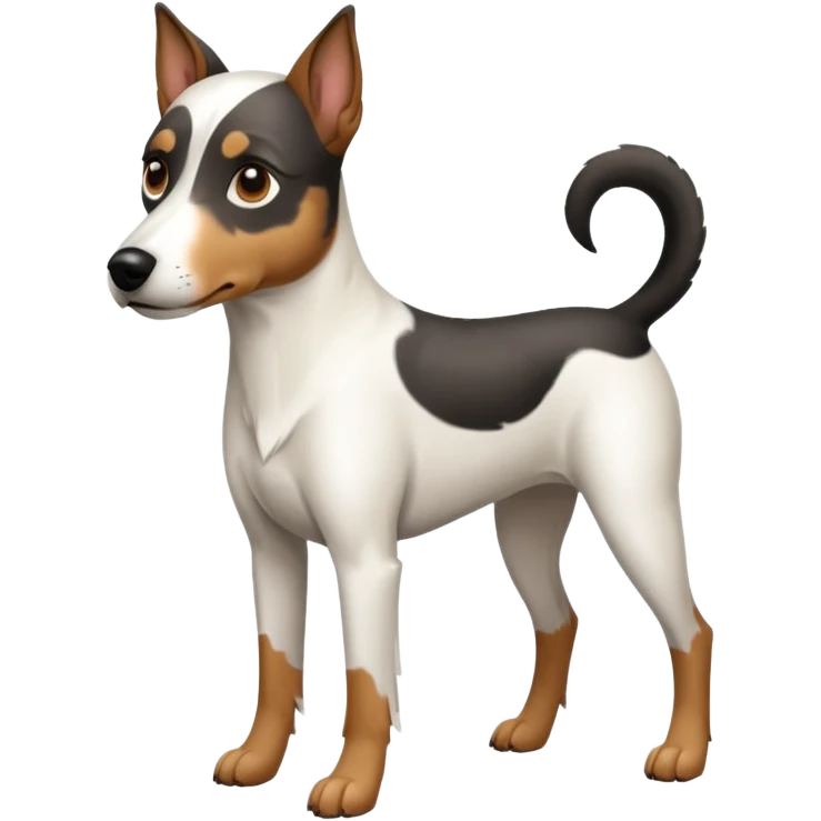 a full body large white parson russell looking dog the size of a kelpie with light brown flapped down ears and a light brown patch on one eye and a large snout emoji