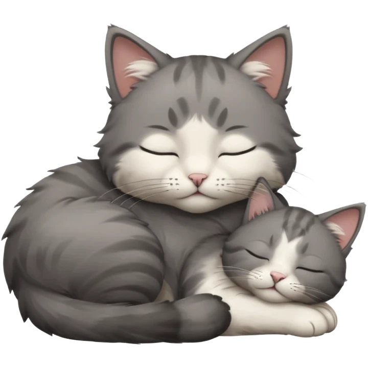 dark grey and white small cat with closed eyes, leaning his head on his paw while leaning on his elbow lying down emoji
