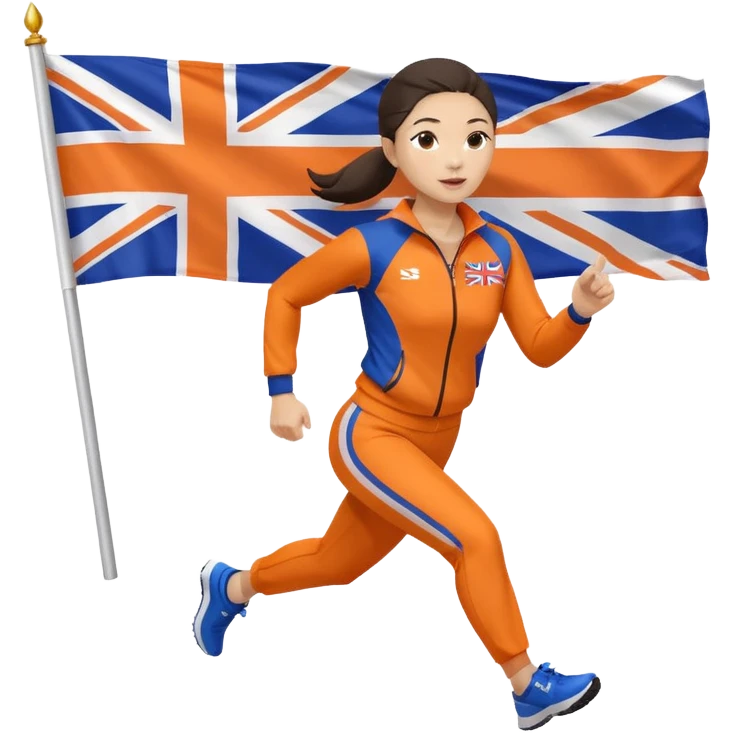asian woman in orange sport suit and holding uk flag in one hand, running emoji